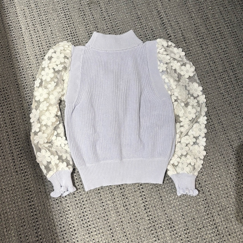 French Connection White Sweater with Floral Lace Sleeves